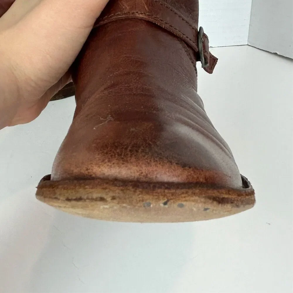 Frye Shirley Pull Riding Boots Full Leather Knee High Buckles Cognac Brown 6.5
